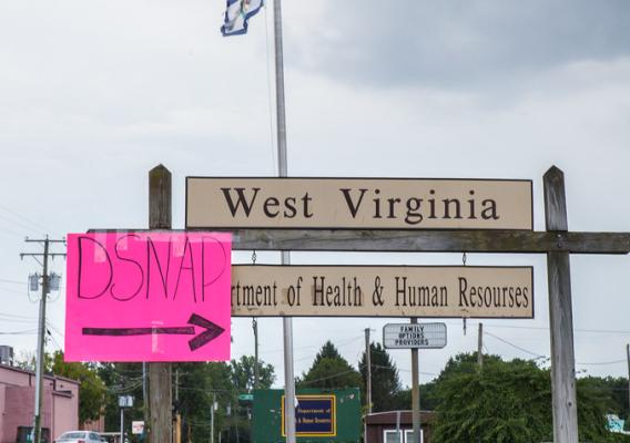 A temporary USDA D-SNAP sign at the West Virginia Department of Health and Human Resources building