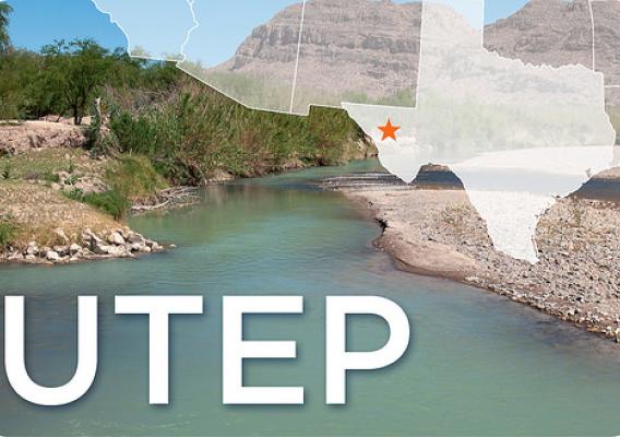 UTEP text and the state of Texas layered onto an image of a river