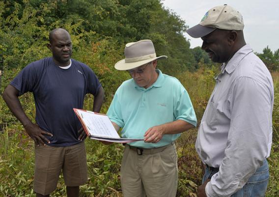 NRCS District Conservationist Frank Stephens talks with brothers Martin and Oliver Smith about their forest management plan. NRCS photo.