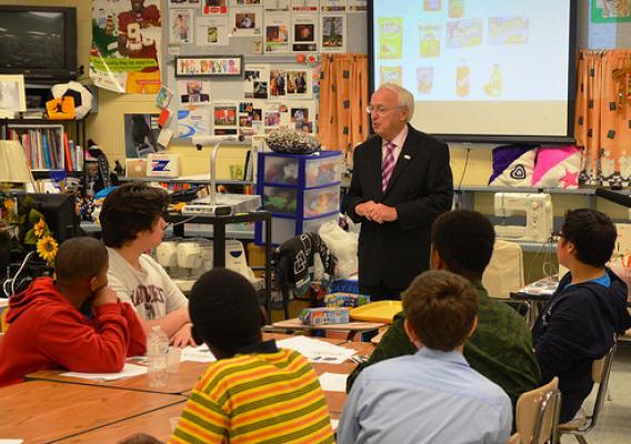 Concannon chats with Takoma Park Middle School’s eighth grade Family and Consumer Science class, where students examine food labeling and packaging.