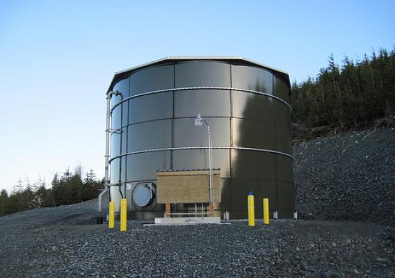 The City of Kasaan’s new 150,000 gallon water storage tank.  Quality water for an Alaska Native Community provided through the USDA Rural Alaska Village Grant Program,  Photo taken by Jerry Cnossen, Project Superintendent for the Alaska Native Tribal Health Consortium (ANTHC) and used with permission.