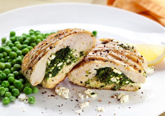 Grilled chicken breasts stuffed with spinach and feta cheese