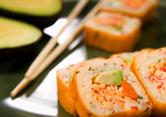 All-natural carrot-ginger wrap around a sunny California roll