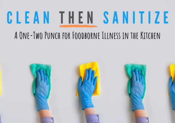 5 individual hands with gloves on cleaning a surface clean
