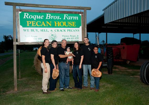 Thomas Roque, Jr., works an 800-acre farm that has been in his family for 95 years. Thomas Roque’s family (l to r) Tiffany Roque, sister; Kathie Roque, mother; Thomas Roque, Sr., father; Sydney Roque, daughter; Anna Darensbourg Roque, wife; Thomas Roque, Jr.; Theresa Roque, aunt.    