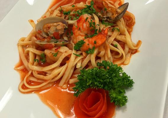 Seafood fettuccini after processing with microwave assisted pasteurization systems